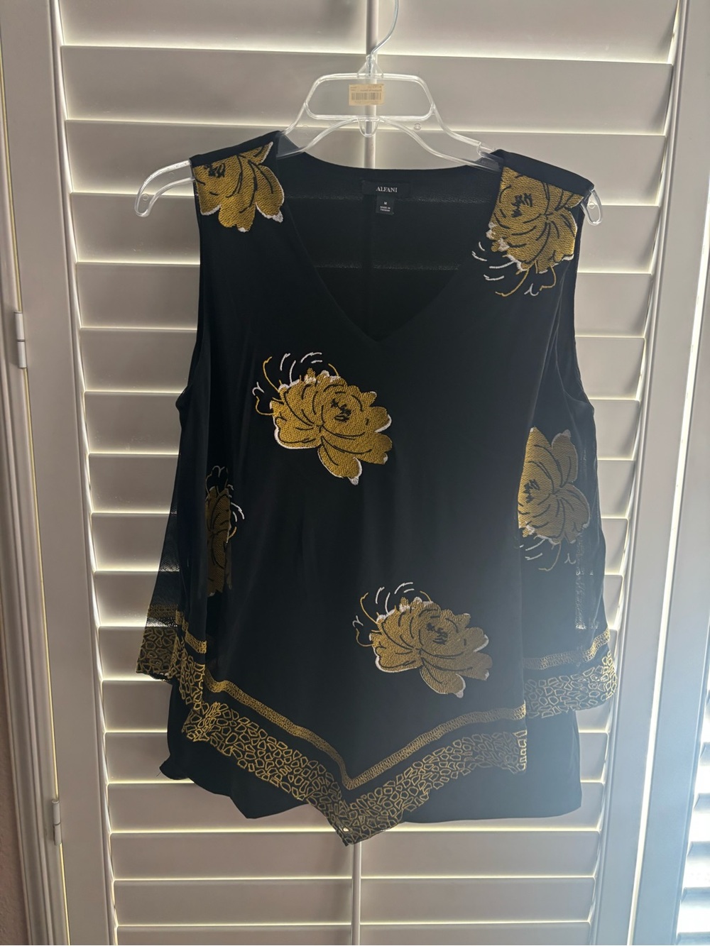 Alfani Sleeveless Black Top with Gold Floral Embroidery